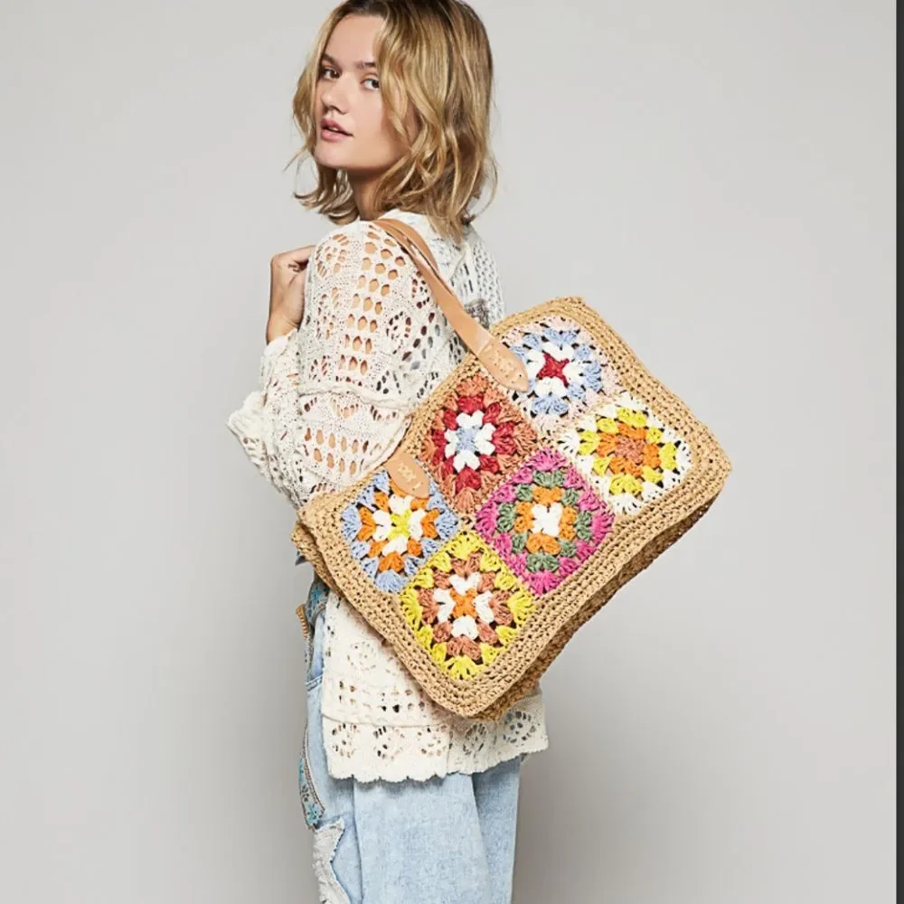 POL bag POL tote Multicolor Crochet Patchwork Straw Tote with Tan Handles NEW